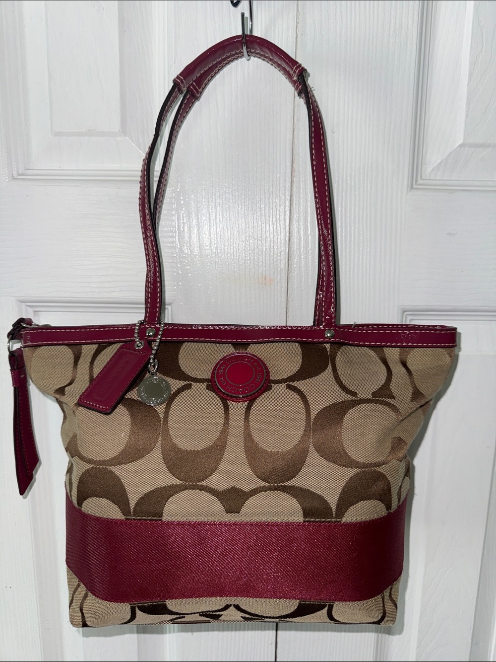 Coach Signature City Tote F18046 Khaki Brown Burgundy Patent Leather Shoulder Ba